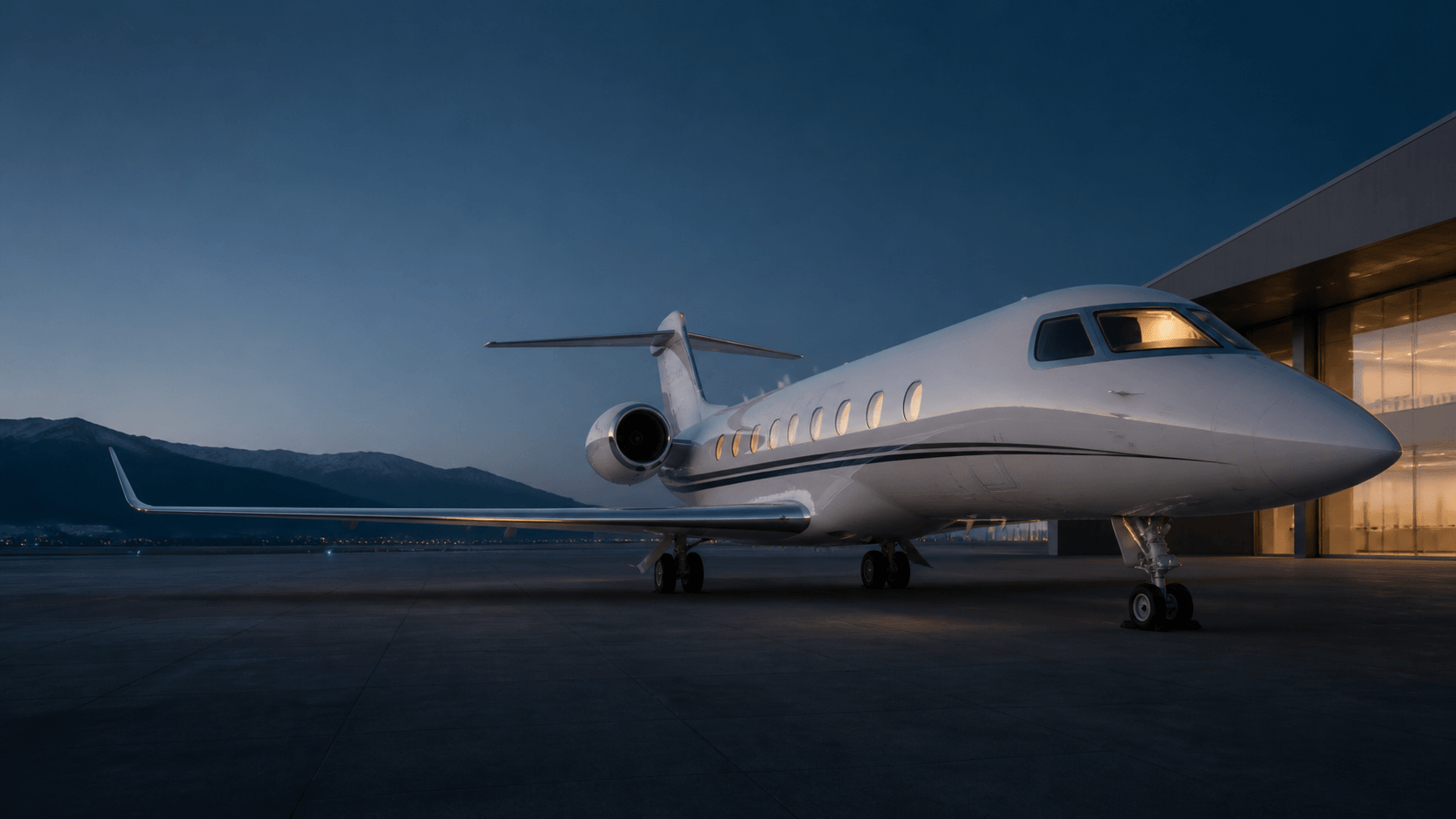 Un jet privado esperando en la plataforma al atardecer
