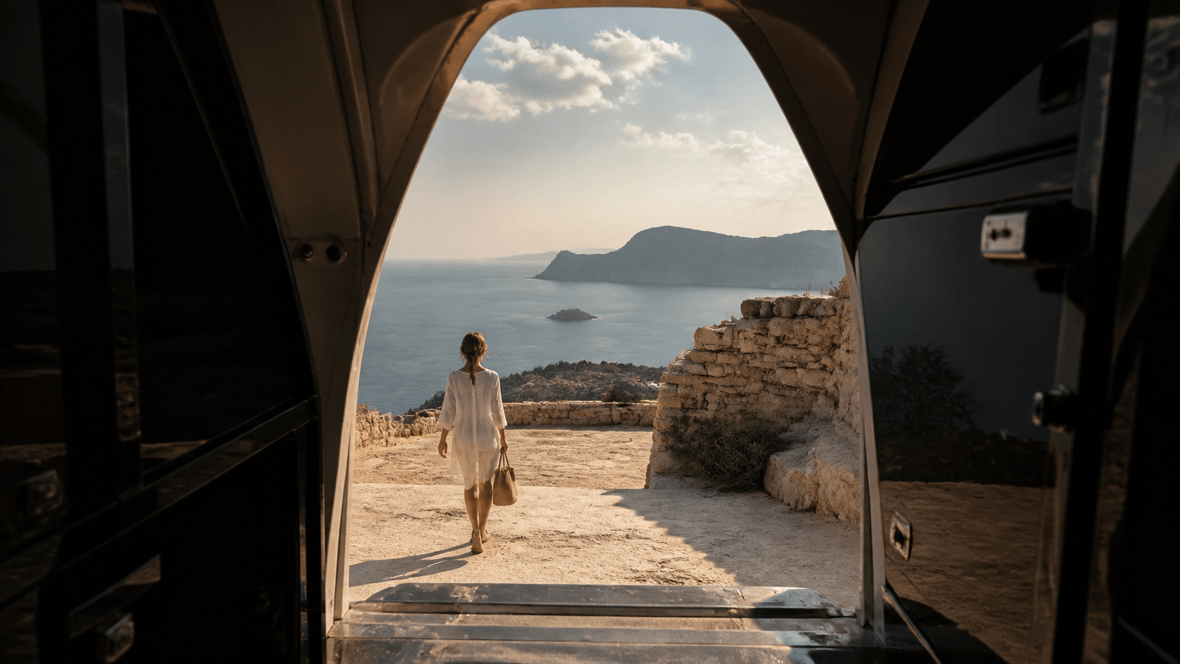 Un pasajero saliendo a un paisaje mediterráneo a su llegada